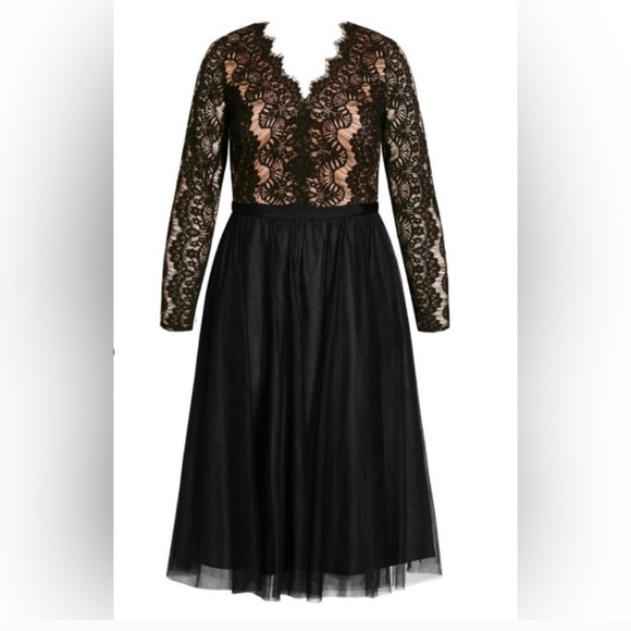 City Chic Women' Black Rare Beauty  Lace Bodice Long Sleeve Dress Size M/18 - Picture 3 of 15